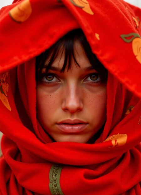 iphone photo (full body shot:1.5) image of an (Irish-Romanian:1.65) (25-year-old:1.1) woman a nomad portrait of mysterious eyes framed by a red cloth. The focus is on the eyes, which impress with realistic details and an intense expression. The background is in warm red and orange tones that create an oriental or desert-like atmosphere. The texture of the fabric features abstract, flowing patterns, while the colors are strong and contrasting to emphasize the depth of the artwork.
(photorealistic:1.25), UHD, (shot on a Sony A7III:1.25), optimal photography, natural lighting . large depth of field, deep depth of field, highly detailed