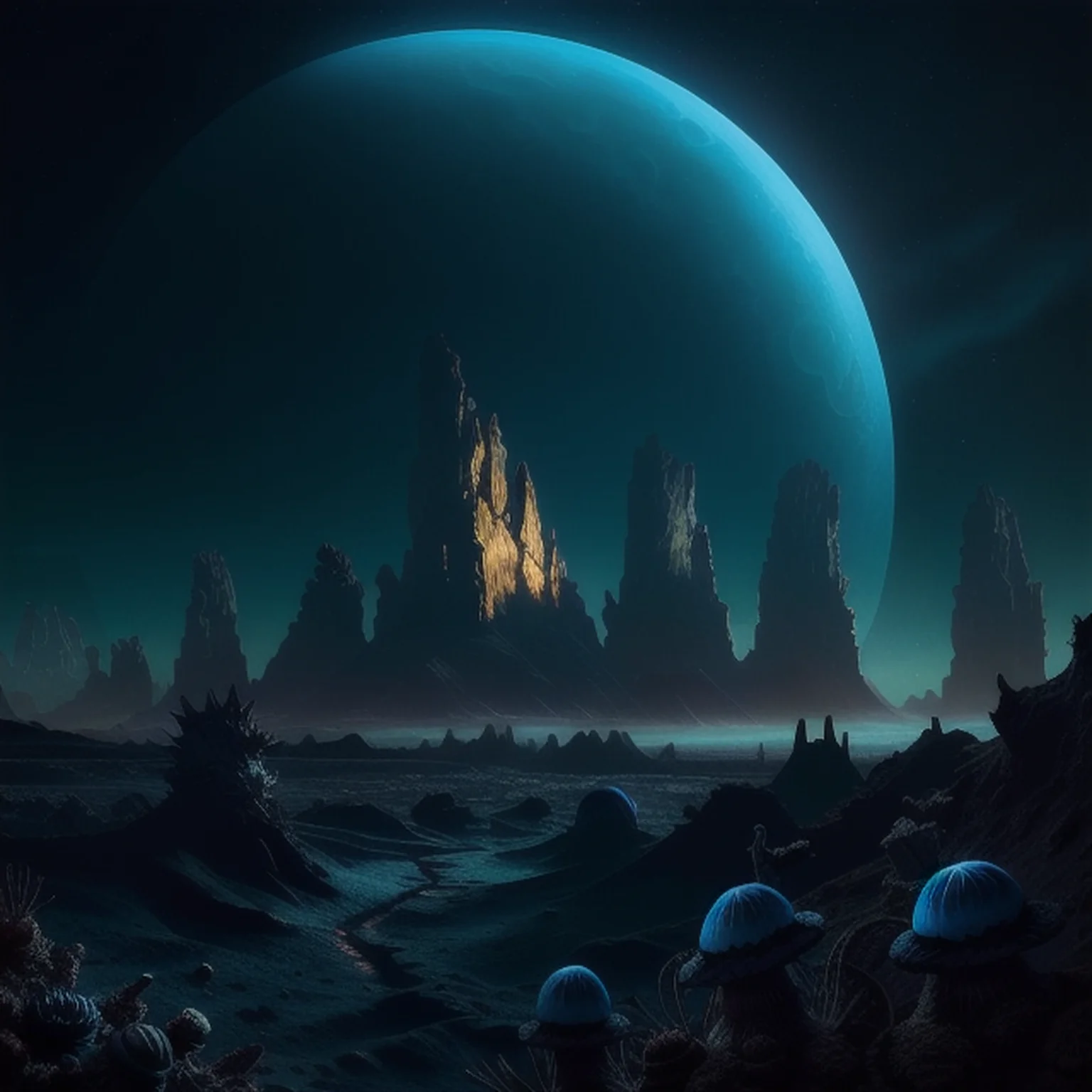 (DSLR photo), <lora:CosmicLandscapes:0.7>, CosmicLandscapes, retro, mysterious, blue sky, (alien creatures), large mushrooms, ((desert)), ruins, strange growths, painting of alien landscape, moon, mountains on horizon, ocean, alien plants, mountains, gas giant in sky, shadows, stark, eerie, silence, stillness, fading light, fading glow, chiaroscuro, beautifully lit, cinematic lighting, dramatic lighting, natural lighting, naturalism, luminism, epic composition, golden ratio, accurate, detailed, 8K, by Bruce Pennington, Danny Flynn <lora:theovercomer8sContrastFix_sd15:0.6>