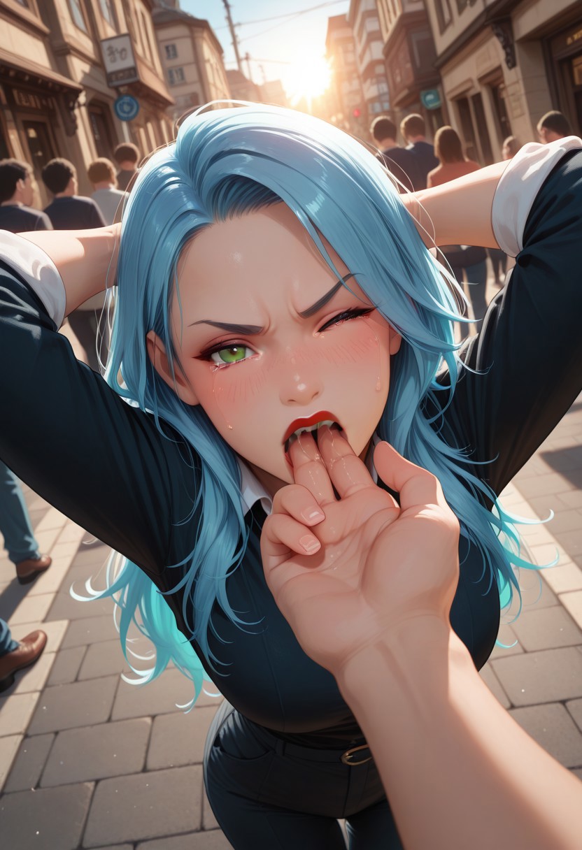 masterpiece, best quality, very aesthetic, absurdres, cinematic lighting, detailed, intricate details, dynamic angle,
BREAK,
1girl, stunning 24yo, long hair, blue hair, green eyes, red lips, 
BREAK,
(standing), (hands behind head), arms up,
pov hands, domination, dominant male, 
hand in another's mouth, open mouth, face focus,
saliva, 
BREAK,
angry, tears, tearing up, blushing, one eye closed, wince,
BREAK,
on the sidewalk, public street, day, sunlight, people in the background,