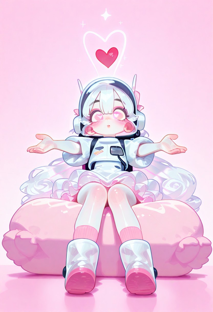 masterpiece, best quality, amazing quality, very aesthetic, absurdres, newest, holographic colors,gradient colors,volumetric lighting,realism, realistic,pink theme,intricate details,ultra sharp,exquisite detail, 1girl,short black eyebrows,thick black eyebrows,thick white eyelashes,skinny,white glowing eyes,soft blush,flat chest,white overly fluffy tutu skirt,pink frills,white fluffy tutu skirt,oversize white dress,high waist,pink socks,see-through rubber boots,pink ribbon,white hair,pink inner hair,glowing highlights, shiny hair,hair between eyes,long bangs,hime cut,very long hair,(oversize astronaut helmet),hair stuck out of the helmet,full body,fluffy pillows,perfect hands,(heart symbol),BREAK cute girl,extremly pale skin,pink blush,oiled skin,soft skin,brilliant skin,shiny skin,pink eyeshadow,pale lips,big beautiful eyes,heart-shaped pupils,black eyeliner,long eyelashes,curly eyelashes,gorgeous lips,luscious lips,pink lips,puffy lips,thicc lips,glossy lips,perfect eyes,BREAK direct light,sidelighting, enhanced contrast,hard shadow,highly detailed,high contrast,sitting on a pillow,arms stretched,dynamic pose,rare angle,dynamic angle,detailed pink background,stars on the sky,no lineart,no outline, haiz_ai,tianliang_duohe_fangdongye:0.3, <lora:bikabaka:0.9> <lora:[Artstyle] haiz_ai_Shiiro0 [IL]:0.9> <lora:Illustrious_USA3710_Style_LORA_2:0.25> us4styl3, <lora:Rapscallion_IllustriousV1:0.6> <lora:tomaco_ill:1> <lora:nyalia_NoobXL:0.8>