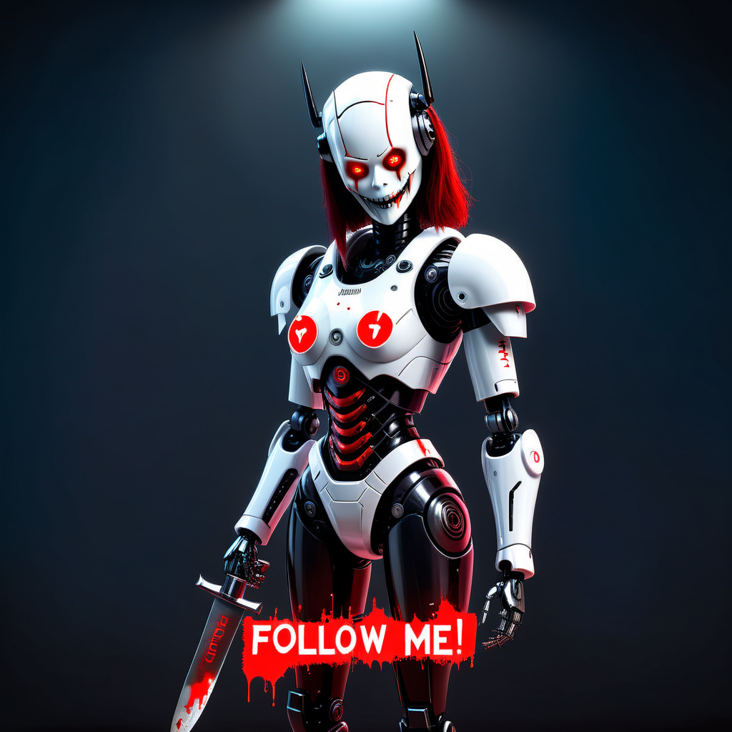 evil smiling hooker robot with knife and bloody text:"follow me"