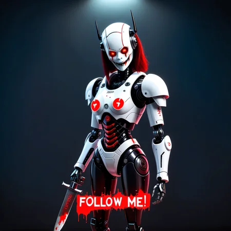evil smiling hooker robot with knife and bloody text:"follow me"