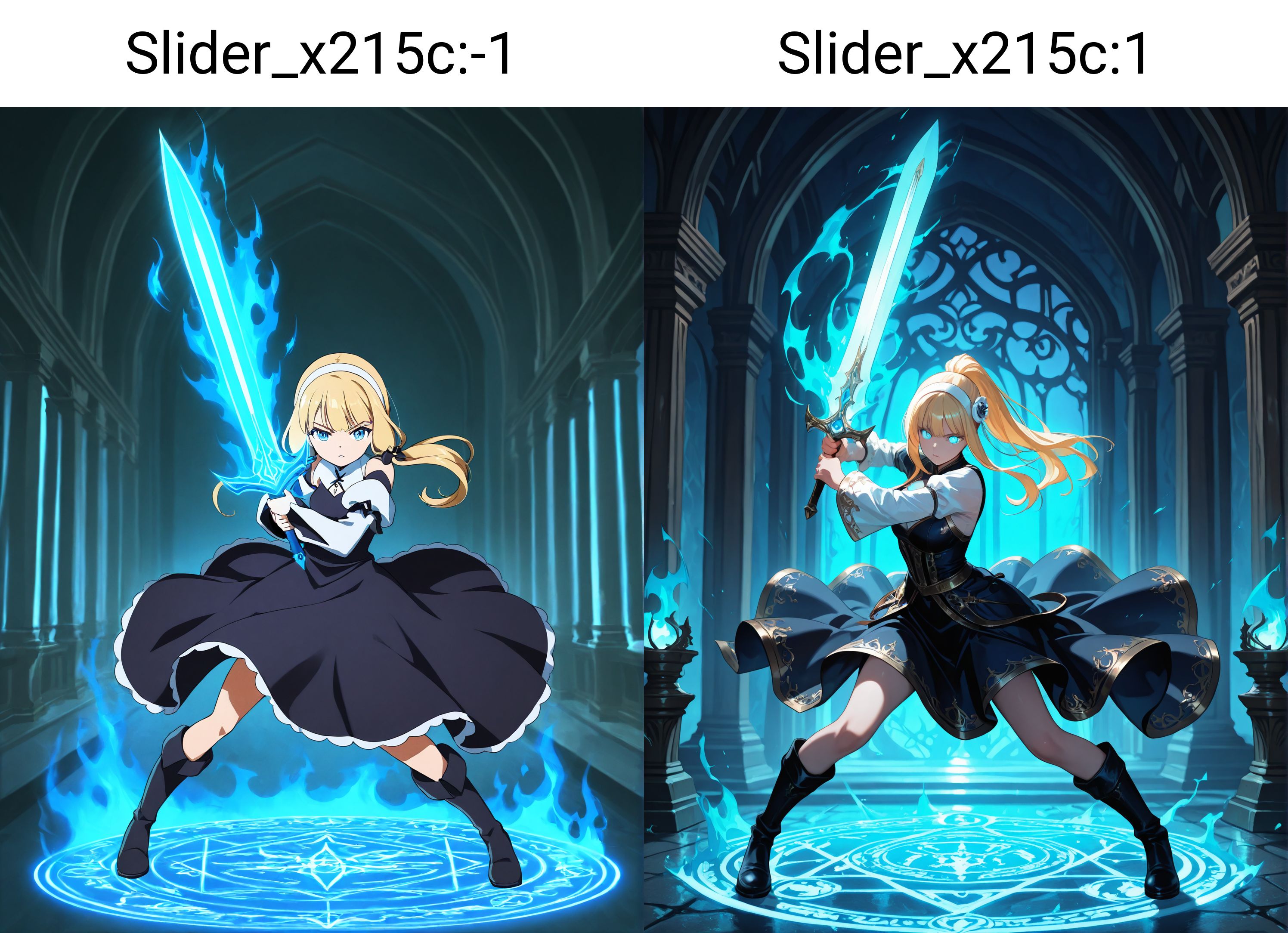 1girl, 
blonde hair, blue eyes, long hair, ponytail, white hairband, black dress, white sleeves, black boots, holding sword, glowing sword, blue glow, fantasy, dynamic pose, action, determined expression, detailed background, ornate architecture, blue lighting, ethereal, high contrast, intricate design, dramatic lighting, fantasy setting, intense atmosphere, anime style, detailed shading, flowing dress, powerful stance, glowing weapon, intricate patterns, fantasy world, epic scene illustrious style, weapon, blue fire, looking at viewer, glowing, dress, fire, magic circle, holding, holding weapon, flaming sword, boots, sword, hairband, glowing eye,
 <lora:hinaIDidSurgeryAlongSlider_x215c:-1>