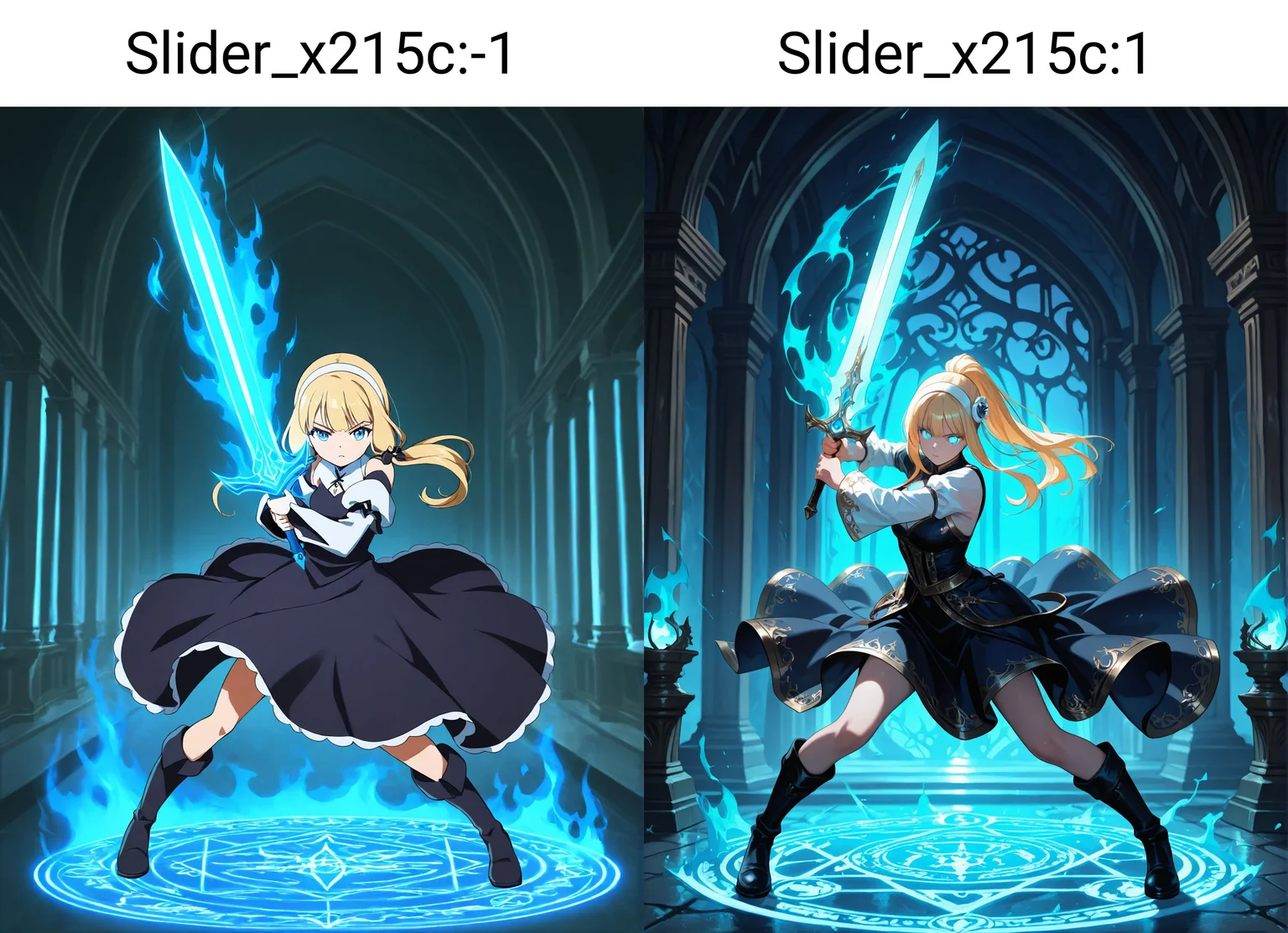 1girl,
blonde hair, blue eyes, long hair, ponytail, white hairband, black dress, white sleeves, black boots, holding sword, glowing sword, blue glow, fantasy, dynamic pose, action, determined expression, detailed background, ornate architecture, blue lighting, ethereal, high contrast, intricate design, dramatic lighting, fantasy setting, intense atmosphere, anime style, detailed shading, flowing dress, powerful stance, glowing weapon, intricate patterns, fantasy world, epic scene illustrious style, weapon, blue fire, looking at viewer, glowing, dress, fire, magic circle, holding, holding weapon, flaming sword, boots, sword, hairband, glowing eye,
<lora:hinaIDidSurgeryAlongSlider_x215c:-1>