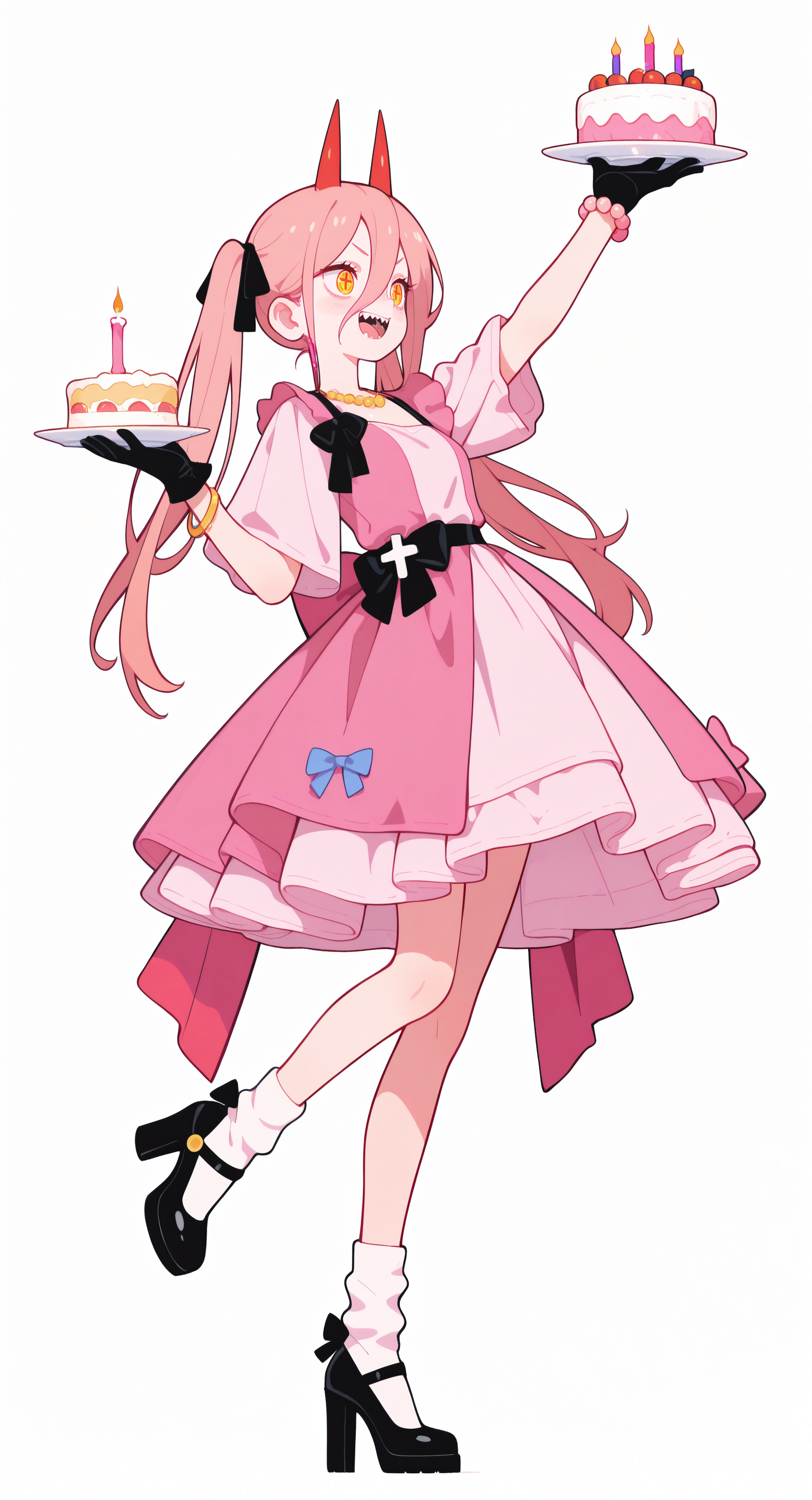 masterpiece,best quality,amazing quality, power \(chainsaw man\), 1girl, solo, long hair, hair between eyes, yellow eyes, twintails, pink hair, hair ribbon, horns, sharp teeth, cross-shaped pupils, red horns, smile, open mouth, standing, arm up, looking to the side, holding plate, standing on one leg, holding cakeï¼
simple background, white background, full body, gloves, dress, holding, bow, ribbon, black gloves, alternate costume, socks, black footwear, necklace, high heels, bracelet,black ribbon, fruit, white socks, pink dress, plate, cake, beads, candle, bead bracelet, dress bow, birthday cake, pearl bracelet, <lora:ponyv6_noobE11_2_adamW-000017:0.3> <lora:MeMaXL4:0.8> <lora:114558v4df2fsdf5:1> <lora:checkpoint-e18_s306:1.2> <lora:haiz_ai_illu:0.7>