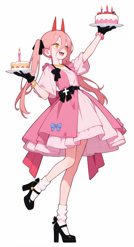 masterpiece,best quality,amazing quality, power \(chainsaw man\), 1girl, solo, long hair, hair between eyes, yellow eyes, twintails, pink hair, hair ribbon, horns, sharp teeth, cross-shaped pupils, red horns, smile, open mouth, standing, arm up, looking to the side, holding plate, standing on one leg, holding cakeï¼
simple background, white background, full body, gloves, dress, holding, bow, ribbon, black gloves, alternate costume, socks, black footwear, necklace, high heels, bracelet,black ribbon, fruit, white socks, pink dress, plate, cake, beads, candle, bead bracelet, dress bow, birthday cake, pearl bracelet, <lora:ponyv6_noobE11_2_adamW-000017:0.3> <lora:MeMaXL4:0.8> <lora:114558v4df2fsdf5:1> <lora:checkpoint-e18_s306:1.2> <lora:haiz_ai_illu:0.7>