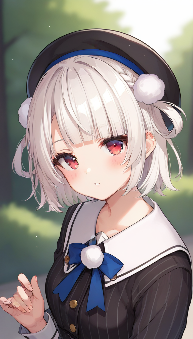 score_9,score_8_up,score_7_up,score_6_up BREAK official art,solo,outdoors,upper body,(portrait:1.5),looking at viewer,facing viewer,blush,shigure ui (vtuber),Ui(voisona),beret,black headwear,white hair,short hair,hair rings,pom pom hair ornament,side braid,french braid,blunt bangs,red eyes,school uniform,black jacket,vertical-striped jacket,white sailor collar,neck ribbon,pom pom (clothes),long sleeves,white wrist cuffs,double-breasted,black skirt,pleated skirt,vertical-striped skirt,blue socks,loafers,black footwear,<lora:Ui(voisona)-Pony:1.4>,