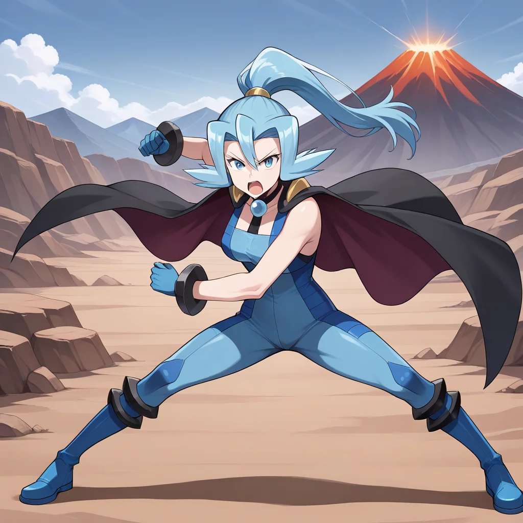 masterpiece, best quality, ultra-detailed, absurdres, newest, zzClair, solo, 1girl, long hair, blue hair, blue eyes, ponytail, blue bodysuit, black cape, blue glove, ryukifinalvent, dynamic pose, legs apart, looking at viewer, open mouth, serious, angry, outdoors, volcano, rocky terrain, full body,