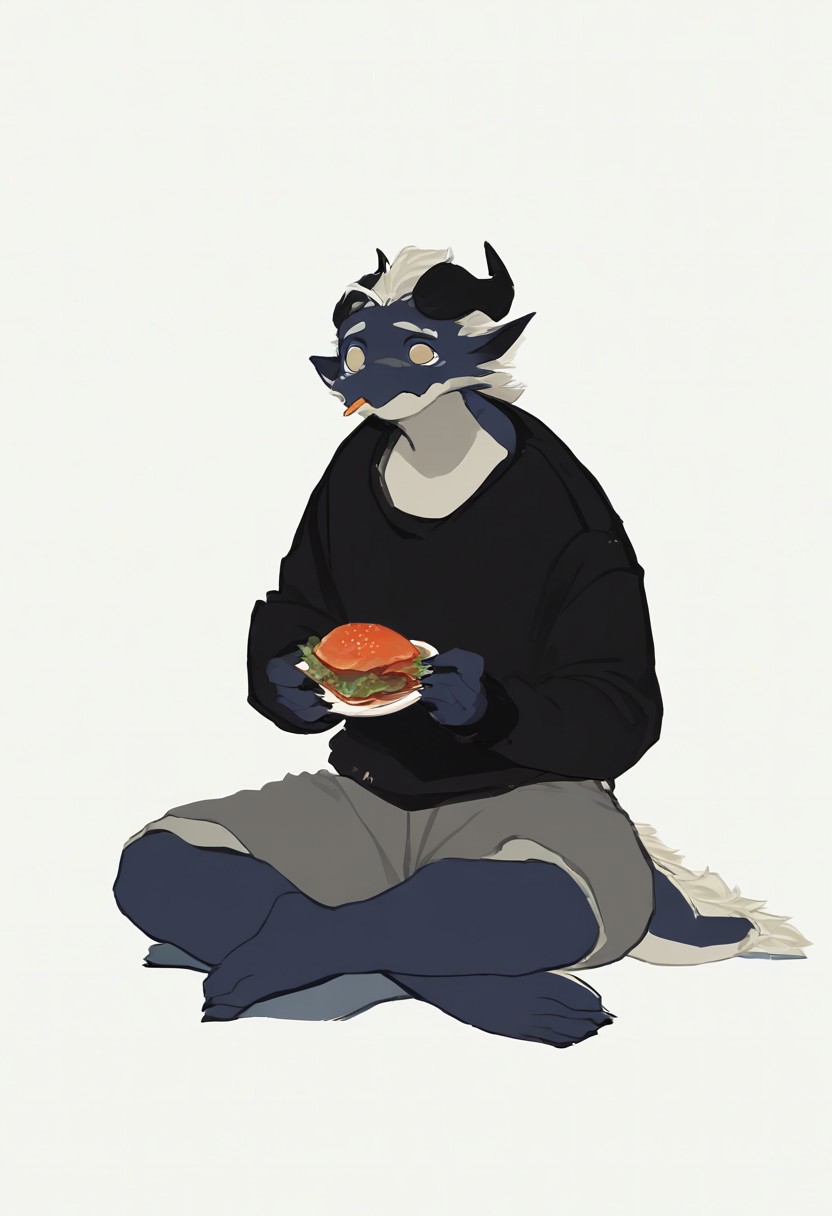 score_9_up, score_8_up, score_7_up, source_furry, yay, dragon boy, white eyebrows, yellow eyes, 1boy, solo, sitting, black sweater, gray shorts, eat big fish, simple background, white background, dnd