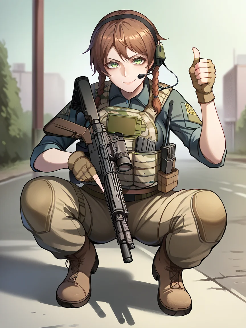 score_9, score_8_up, score_7_up, score_6_up, score_5_up, <lora:tacticalclothesXLP:1> tactical clothes, 1girl, gun, weapon, gloves, solo, braid, rifle, twin braids, holding weapon, holding, holding gun, pants, brown hair, assault rifle, fingerless gloves, thumbs up, photo background, m4 carbine, trigger discipline, military, looking at viewer, squatting, headset, outdoors, bulletproof vest, smile, ear protection, camouflage, boots, green eyes