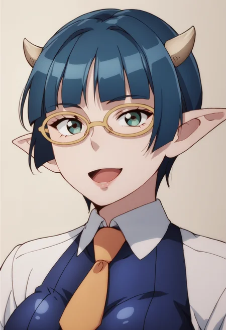score_9, score_8_up, score_7_up, score_6_up,source_anime, <lora:Zenia:0.8> zenia, pointy ears, horns, , zenia, expressionless, glasses, leotard, necktie, upper body, open mouth,  smile,