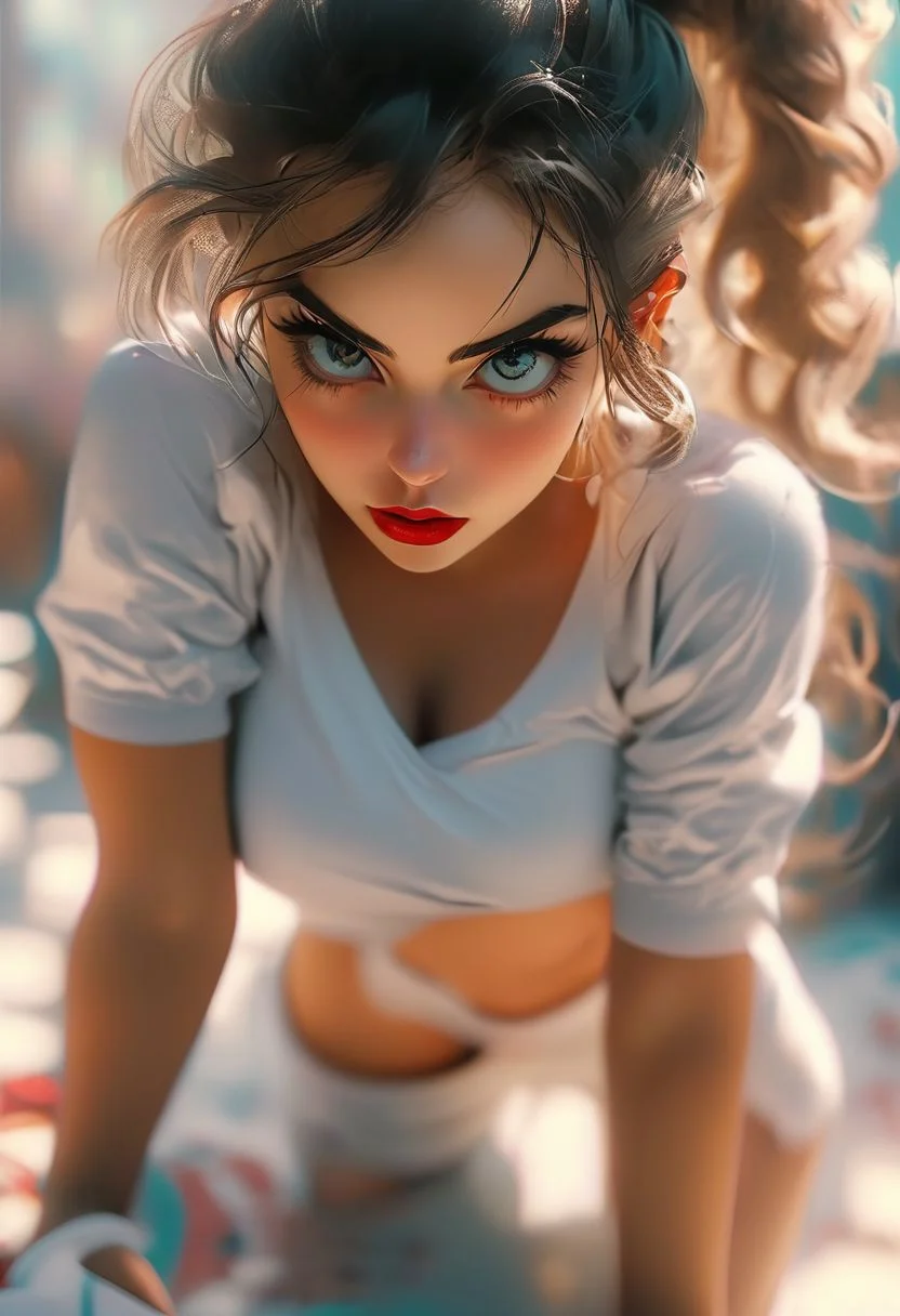 eye catching, Heterochromia , sexy brunette, , ponytail, , pinup pose, , fantasy aesthetic, soft light,, ,,, OverallDetail, , drab, view above eye level
