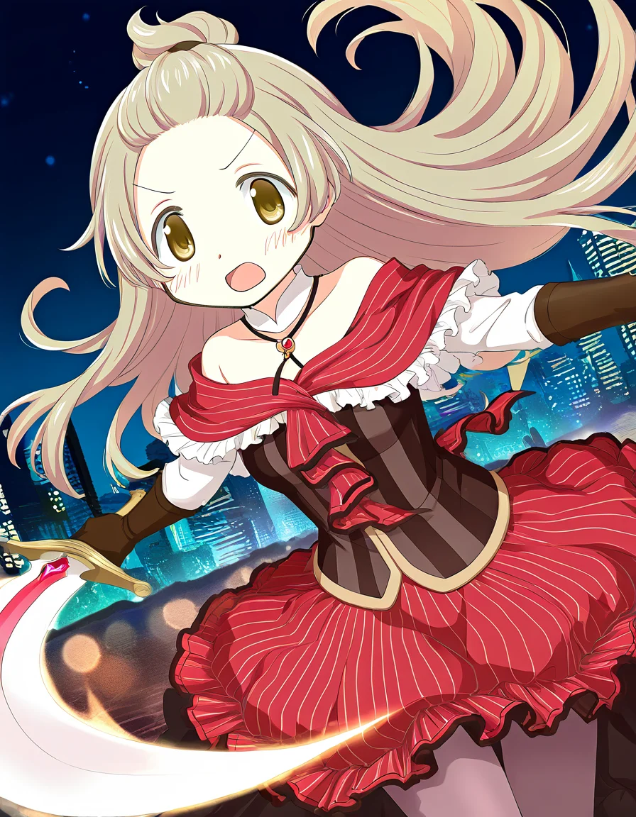 masterpiece, best quality, newest, absurdres, highres, safe, 1girl, azumi hagumu, magia record: mahou shoujo madoka magica gaiden, holding falchion \(weapon\), v-shaped eyebrows, open mouth, solo, city, night, dutch angle, <lora:azumi_hagumu_noobaiXLNAIXL_vPred10Version:0.7>
