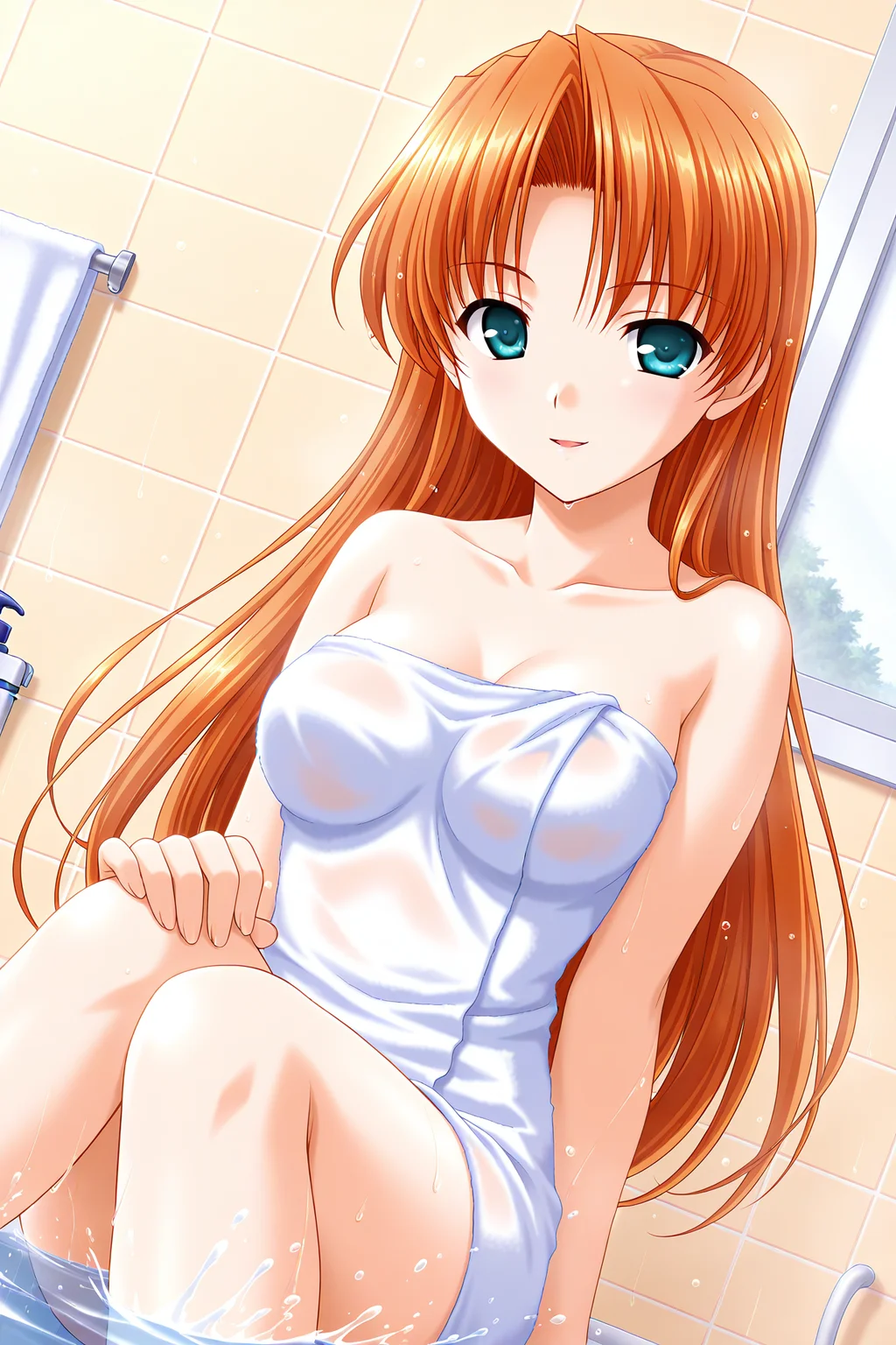 masterpiece, best quality, absurdres, official art, official style, rating general BREAK <lora:nishinakyouko_IL_v1-1:0.7>, nishina kyouko, 1girl, solo, aqua eyes, orange hair, parted bangs, hair intakes, very long hair, hair down, large breasts, medium breasts, naked towel, wet, blush, sitting, light smile, open mouth, looking at viewer, convenient censoring, partially submerged, dutch angle, indoors, splashing, bathing, bathroom, water, bath, tile wall