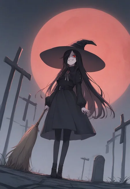 score_9, score_8_up, score_7_up, rating_safe, source_anime,
1girl, witch, extremely long hair, black hair, solo, black dress, scary, long sleeves, black big hat, hair over left eye, keen eyes, sanpaku eyes, yandere, grin, unnatural face, cemetery, goth fashion, ink, full body, dutch angle, twisted broom, one raven on shoulder, eerie, glitchy, dark sky, night, ravens in the sky, big moon, red moon,