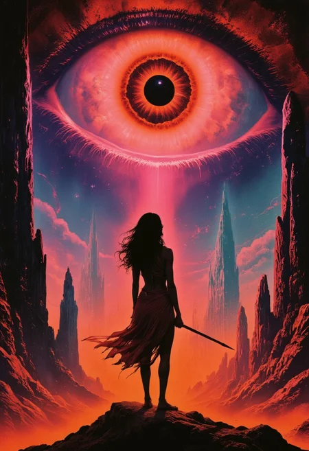 This is a digital illustration in a dynamic, semi-realistic style, blending retro 80s anime aesthetics with vivid neon-pastel colors. The artwork features a lone woman standing on a distant planet, surrounded by towering, awe-inspiring structures visible from space. The structures are colossal, reaching into the dark void of space, their surfaces illuminated by spectral neon gradients in hues of pink, turquoise, and soft purples, reminiscent of vintage 80s sci-fi book artwork.
The woman, with long, flowing hair, is dressed in ancient warrior attire, her silhouette framed against the grainy, dark space background. She holds a long spear pointed upward, her stance firm, conveying readiness. Her eye, glowing with an intense, almost solid orange hue, is the focal point of the scene, swirling with ethereal patterns that draw the viewer’s gaze into the chaotic, abstract landscape.
The entire image is filled with lofi, grainy textures, capturing the essence of retro 80s anime mixed with a modern spectral glow. The warm tones of the woman’s deep reddish-brown clothing blend with the surrounding chaotic strokes of red, black, and white, creating a sense of movement and intensity. Above her, the neon pastel-colored structures glow faintly, adding a surreal, apocalyptic vibe to the scene. The entire color palette is dominated by warm, vivid tones, contrasting sharply against the cool, dark space that envelopes the scene.