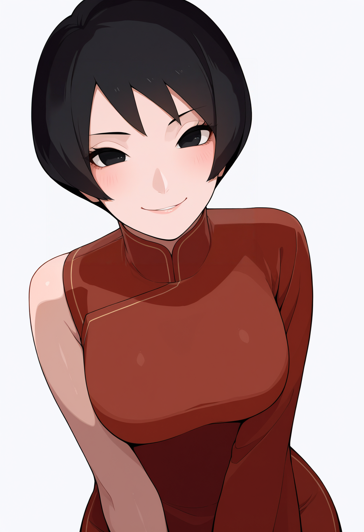 masterpiece, best quality, very aesthetic, absurdres,
1girl, kurotsuchi, short hair, black hair, black eyes, 
china dress,
upper body,
smile, looking at viewer, solo, (simple background, white background:1.3),     <lora:KurotsuchiBorutoNoobXL_byKonan:1>