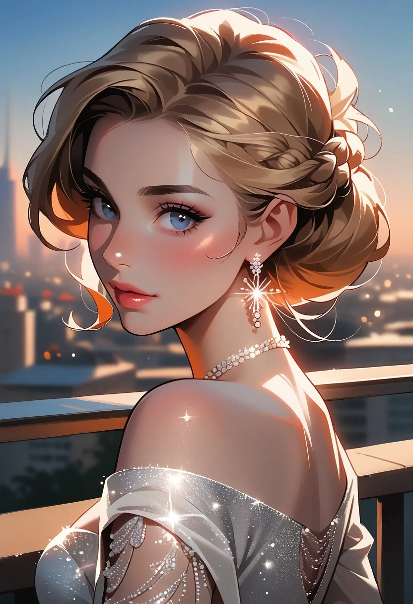 score_9, score_8_up, score_7_up, score_6_up, 1girl,  <lora:bg4XLP:0.8> bg4, French braid, close up, candid, Parisian balcony, city skyline, elegant, sparkling, dress, necklace, large boobs, pendant, round butt, outdoor wedding,