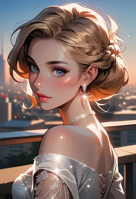 score_9, score_8_up, score_7_up, score_6_up, 1girl,  <lora:bg4XLP:0.8> bg4, French braid, close up, candid, Parisian balcony, city skyline, elegant, sparkling, dress, necklace, large boobs, pendant, round butt, outdoor wedding,