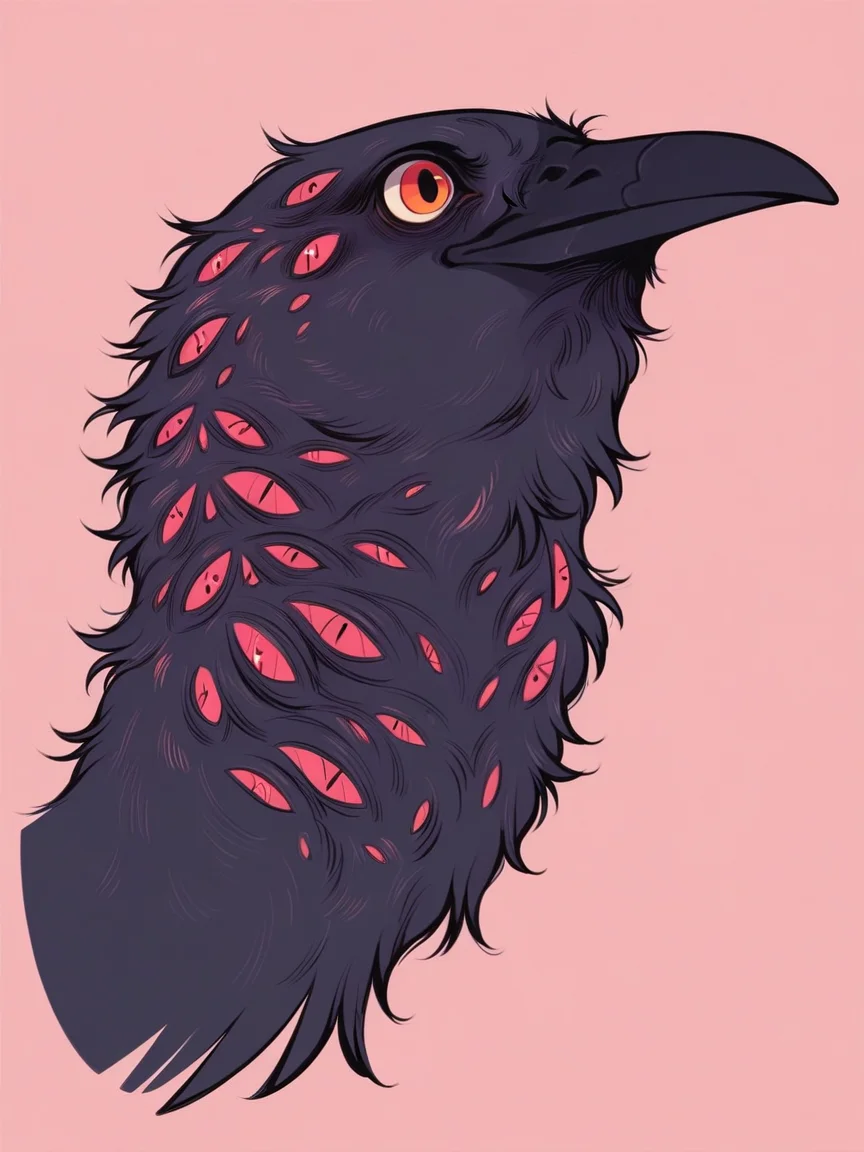 score_9, score_8_up, score_7_up, score_6_up, score_5_up, score_4_up, <lora:h3ll1shXLP2:0.7> crow, pink background, h3ll1sh,
