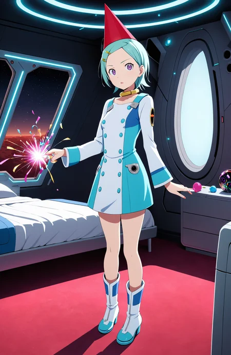 1girl, eureka, party popper, red party hat, popping petard, collar, purple eyes, aqua hair, hairclip, short hair, dress, boots, futuristic spaceship bedroom, dim lighting, long sleeves
<lora:eureka_xl_v7:1.0>, masterpiece, best quality
