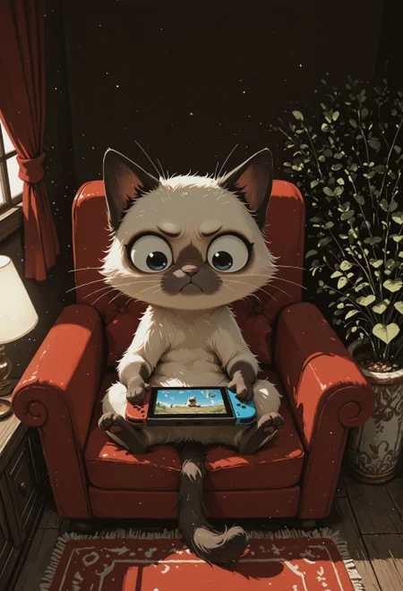 masterpiece, newest, absurdres, incredibly absurdres, best quality, amazing quality, very aesthetic, newest, no lineart, no outline, scenery,  (chiaroscuro), no humans, animal, Siamese cat, big eyes, whiskers, paws, solo, animal focus, reclining, armchair, window, closed curtains, playing games, grumpy cat, (looking down:1.2), holding nintendo switch,  (dark room), living room, decorative plants, lamp, warm light, volumetric lighting, shadows, from above, straight on, anime style