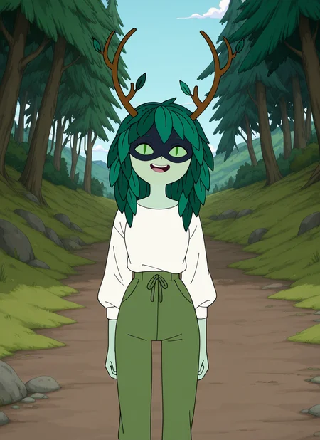 artist:, masterpiece, best quality, newest, very awa, absurdres, highres, advt, 1girl, hswz, smile, open mouth, green skin, green sclera, slit pupils, green hair, leaf hair, domino mask, antlers, white shirt, casual outfit, looking at viewer, daytime, tall trees, moss, landscape, detailed, <lora:SDXL\Illustrous\Adventure_Time_style_and_characters:1.0>