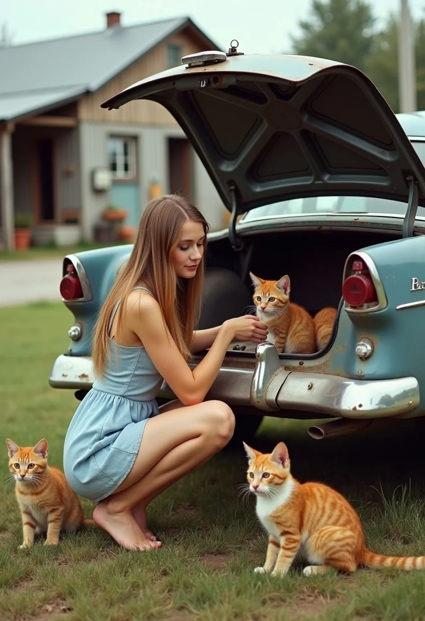 cinematic still of a fair skin luscious blond with long straight silky hair. She found a litter of kitties in the trunk of a car. Her heart full of love she can't help but pet them. The background is the Canadian north small town, a store and a repair garage. photography of a young woman. This is a high-resolution photograph capturing a nostalgic, rural scene from the mid-20th century. The central subject is a young woman with long, brown hair, kneeling beside an open, rusted car with its hood up. She is wearing a light blue, sleeveless dress that is slightly short, revealing her bare legs. Her skin is fair, and she has a slender build with medium-sized breasts. She is barefoot, and her left arm is extended, reaching into the car's interior. BREAK Surrounding her are four orange tabby cats with white markings, two on either side of her. They are sitting on the ground, alert and curious. The background features a rural setting with a grassy field and a few wooden, rustic buildings, including a small house and a shed, set against a backdrop of green trees and distant mountains under a bright blue sky with a few fluffy white clouds. The ground is a mix of dirt and grass, with some wildflowers scattered about. The car, likely a 1950s model, is weathered and shows signs of age, adding to the retro feel of the image. The overall scene exudes a sense of simplicity and peacefulness.