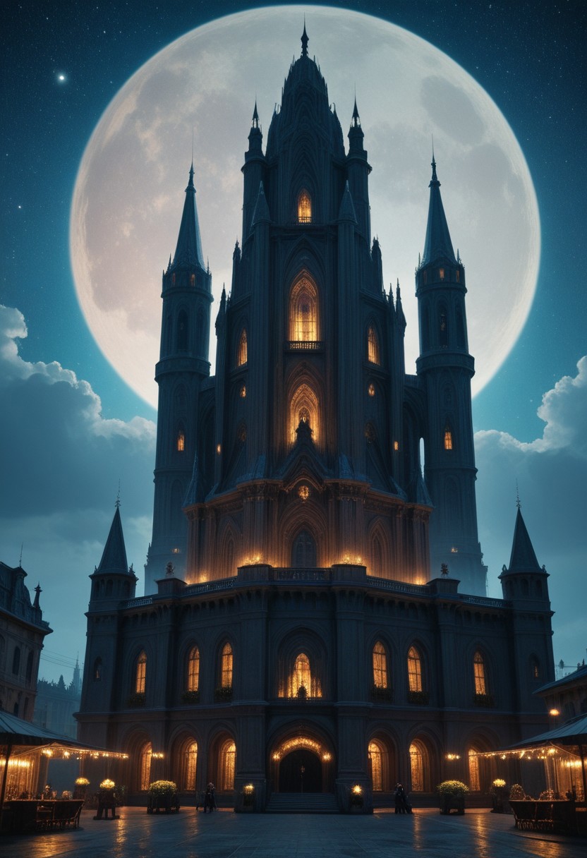 masterpiece, best quality, highres, realistic, best quality,
score_9, score_8_up, score_7_up, 
The viharas of budism in the futuristic megapolis at night. Gothic architecture. There is a moon in the sky. lots of stars
dark lights, Dark Fantasy page, fantasy art deco, futureskyline