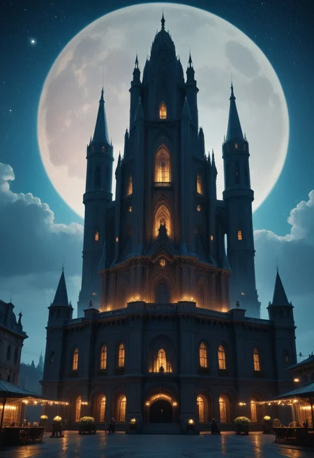 masterpiece, best quality, highres, realistic, best quality,
score_9, score_8_up, score_7_up, 
The viharas of budism in the futuristic megapolis at night. Gothic architecture. There is a moon in the sky. lots of stars
dark lights, Dark Fantasy page, fantasy art deco, futureskyline