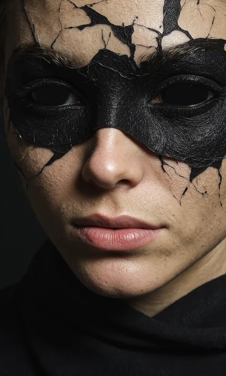 A conceptual, close-up photograph portrays a woman's face partially covered by a layer of meticulously crafted, cracked and peeling makeup or prosthetic material, resembling aged, fragmented stone or dried paint, creating a striking, textural effect. The woman's visible features include a small, delicate nose and full, slightly parted lips with a natural, pale pink color and a subtle, glossy sheen, suggesting a hint of lip balm or moisture. The eyes are completely concealed beneath thick, opaque black material applied to the cracked surface, creating deep, unsettling voids where the eyes should be. The visible skin is fair and smooth, but with carefully applied makeup to mimic fine cracks and lines, blending seamlessly with the texture of the artificial surface. The woman is wearing a high-necked, dark, almost black garment that covers the lower portion of her neck and blends into the shadows, The body pose is tilted a little. The lighting is soft and even, likely from diffused studio lights, creating subtle shadows that emphasize the depth and texture of the cracked material and the contours of the woman's face, without harsh highlights or deep shadows., <lora:FLUX-daubrez-DB4RZ-v2:0.3> DB4RZ, DB4RZ style painting
<lora:aidmaRealisticSkin:0.8> aidmarealisticskin