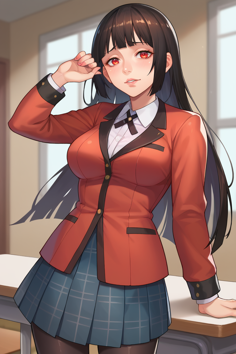 score_9, score_8_up, score_7_up, BREAK,  <lora:taffytales-guy-PONYv1:1>, 1girl, solo, breasts, <lora:kakegurui_jabami_ponyXL:0.95> jabami yumeko, hime cut, brown / red eyes, school uniform, red jacket, long sleeves, white shirt, black ribbon, black skirt, plaid skirt, black pantyhose