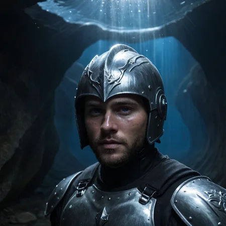 RAW photo, exterior photo, full body hero shot from the front of a male 30 year old warrior wearing a shiny knight armor with a helmet, he stands in a dim cave with a water pool with caustics, full sharp, detailed face, blue eyes, (high detailed skin:1.2), 8k uhd, dslr, soft lighting, high quality, film grain, Fujifilm XT <lora:polyhedron_caustics-000006:0.8>
focus on eyes, spotted light on his face, face towards sun, light on face, sun on face, backlit, rim light, focus on eyes, clear eyes, shiny eyes, glittering eyes, light reflections in his eyes, winter white skin, pale skin, dry skin, clear skin, oiled shiny skin, blush, flushed cheeks, visible skin detail, skin pores, imperfect skin, skin blemish, few freckles, skin fuzz, beauty spot, moles <lora:polyhedron_all_sdxl-000004:0.1>
