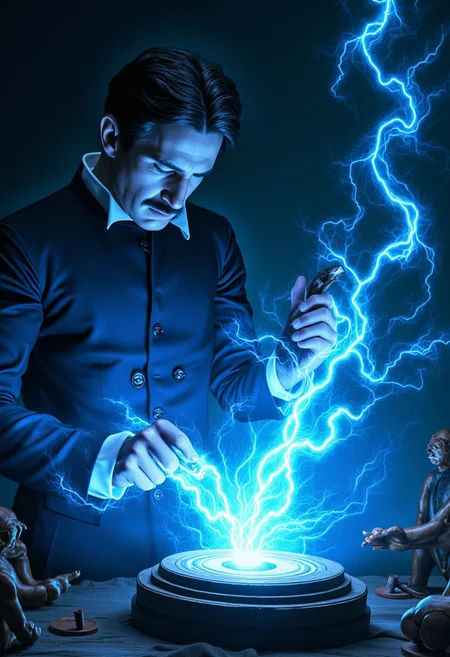 a beautifully crafted illustration of Nikola Tesla for the first time testing his tesal coils electrical line betweeb two tesla coils, arcs of electrical light in blue light style, featuring intricate details, rich colors, and dynamic lighting that enhances depth and mood