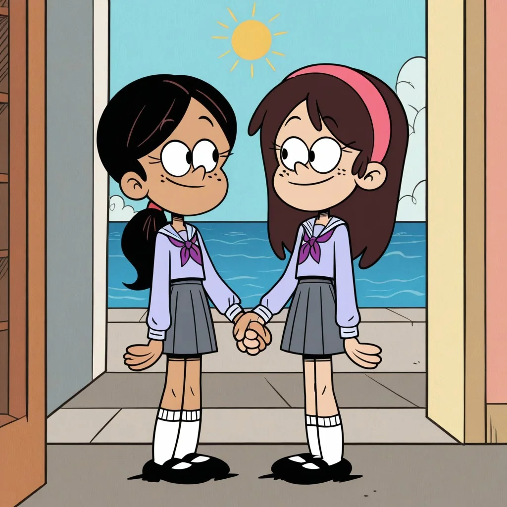 the loud house style, black eyes, flat color, 2girls, girlfriends
Ronnie Santiago, black hair, ponytail, tan skin, freckles on cheeks, purple shirt, grey skirt, white socks, black shoes, school uniform
Sid Chang, brown hair, pink hairband, blue shirt, grey skirt, white socks, black shoes, school uniform
holding hands
high resolution, masterpiece, best quality, absurdres, ultra detailed, very aesthetic, perfect details, private place, below
outside, sun, ocean, neighborhood, standing, smiling, different character, high quality image, young character