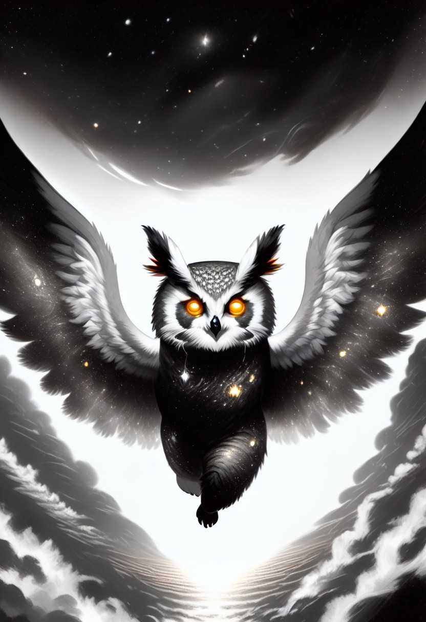 Score_9, Score_8_up, Score_7_up, lora:Navi_Celestial_Skin_PonyXL:1.1 nv-celestialskin, redpandafolk, rabbitfolk, owlfolk, foxfolk, sketch, monochrome, greyscale, YR_GradLight, 0u73r5p4c3, space, planet, nebula, galaxy, asteroid, GalaxyTelepurteSDXL, StarrySkies, scenery, stars (sky), background, night sky, vibrant colored skin, void cosmic body, deep black skin, ethereal silhouette, nebula patterns, animal theme focus, majestic owl