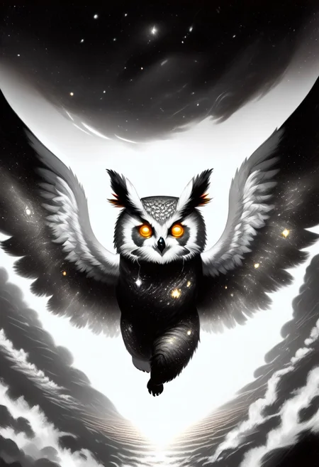 Score_9, Score_8_up, Score_7_up, lora:Navi_Celestial_Skin_PonyXL:1.1 nv-celestialskin, redpandafolk, rabbitfolk, owlfolk, foxfolk, sketch, monochrome, greyscale, YR_GradLight, 0u73r5p4c3, space, planet, nebula, galaxy, asteroid, GalaxyTelepurteSDXL, StarrySkies, scenery, stars (sky), background, night sky, vibrant colored skin, void cosmic body, deep black skin, ethereal silhouette, nebula patterns, animal theme focus, majestic owl