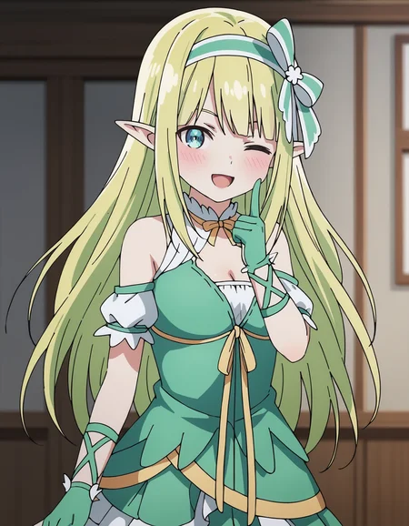score_9, 1girl, solo,
orphia, blue eyes, long hair, blonde hair, straight hair, hair bow, green hairband, pointy ears, elf, medium breasts, <lora:seirei_gensouki_-_ orphia:1>
dress, green dress, bare shoulders, cleavage cutout, detached sleeves, ribbon, gloves, frills,
looking at viewer, cowboy shot, pointing at viewer, hand up, pointing, index finger raised, from side,
blush, smile, one eye closed, ;d, open mouth,
indoors, blurry background, depth of field,