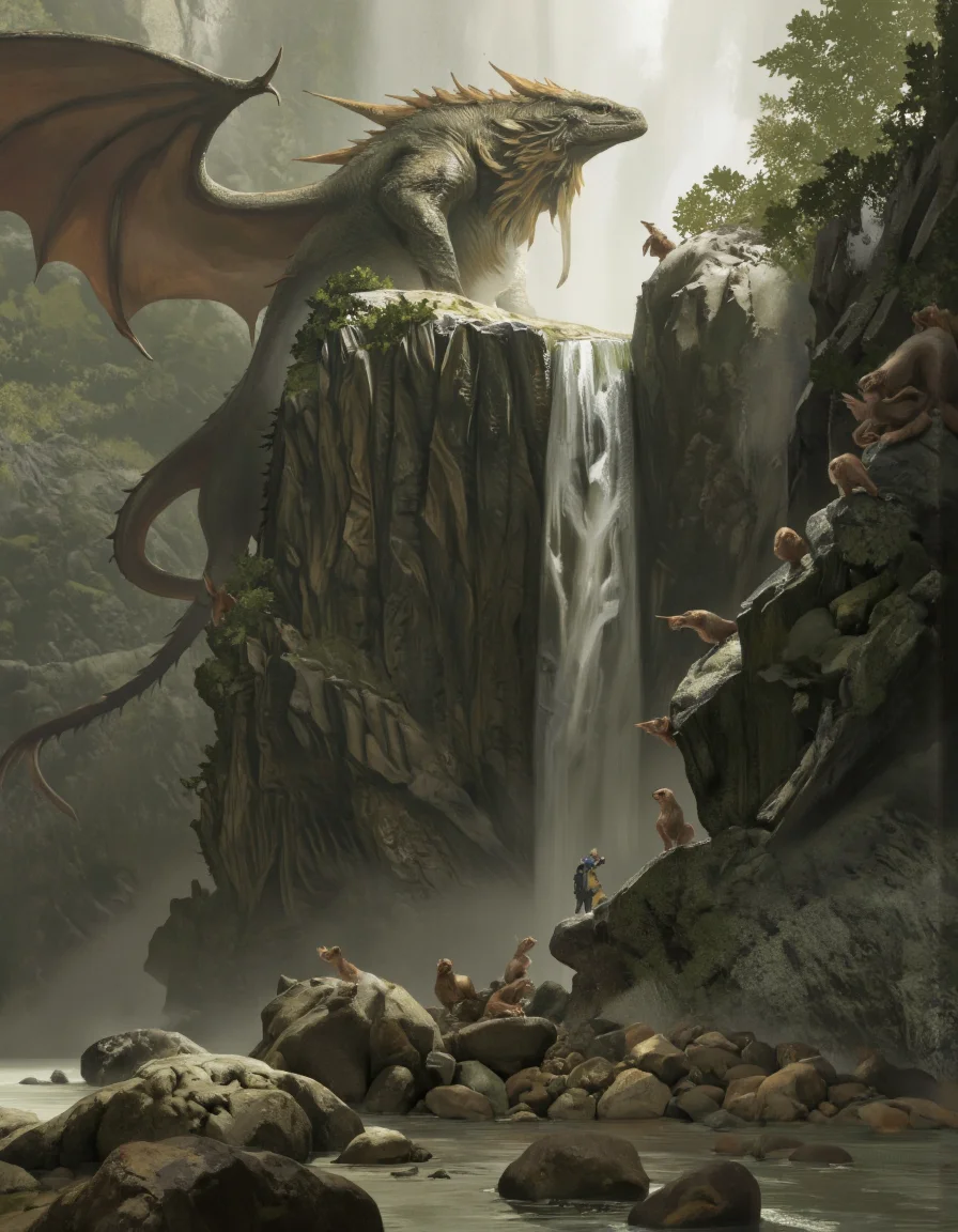 Art by Zhang Jing. A digital illustration shoot from a bird's eye view about a fantastical scene featuring a large, bearded dragon towering over a rocky landscape with a waterfall in the background. the scene is set in a mountainous area with rocky cliffs and a river flowing beneath. on the left side of the image, a humanoid figure with a backpack is standing in the foreground, looking up at the dragon. the creature has a long, spiky tail and sharp teeth, and its body is covered in scales. it appears to be in a state of alertness, with its eyes wide open and its mouth slightly open, as if it is about to take flight. in front of the creature, a group of small, brown creatures are perched on the rocky rocks, some of them looking up, while others are looking down at the creature. the background features a waterfall cascading down the rocky cliffs, with a misty, ethereal atmosphere surrounding the scene. the overall color palette is muted, with shades of green, brown, and gray, giving the image a sense of depth and realism.