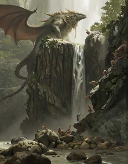 Art by Zhang Jing. A digital illustration shoot from a bird's eye view about a fantastical scene featuring a large, bearded dragon towering over a rocky landscape with a waterfall in the background. the scene is set in a mountainous area with rocky cliffs and a river flowing beneath. on the left side of the image, a humanoid figure with a backpack is standing in the foreground, looking up at the dragon. the creature has a long, spiky tail and sharp teeth, and its body is covered in scales. it appears to be in a state of alertness, with its eyes wide open and its mouth slightly open, as if it is about to take flight. in front of the creature, a group of small, brown creatures are perched on the rocky rocks, some of them looking up, while others are looking down at the creature. the background features a waterfall cascading down the rocky cliffs, with a misty, ethereal atmosphere surrounding the scene. the overall color palette is muted, with shades of green, brown, and gray, giving the image a sense of depth and realism.