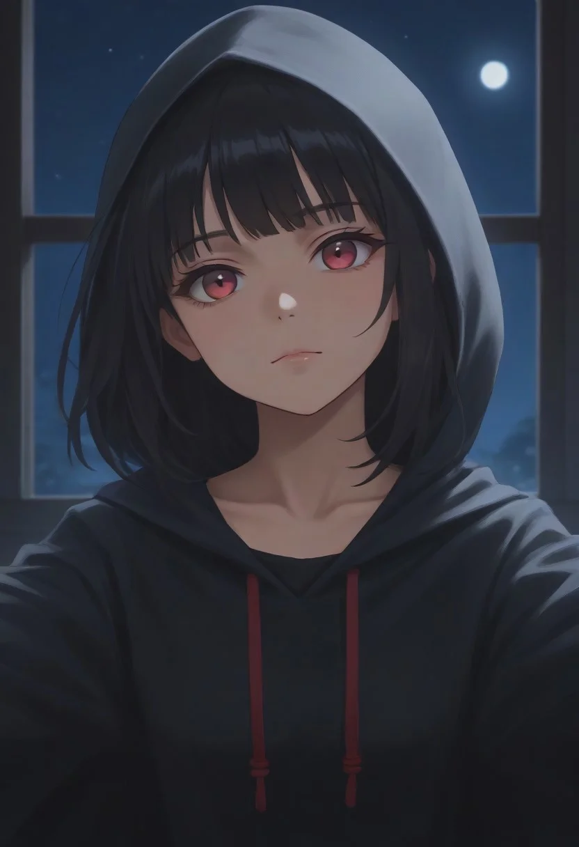 IsomerMob, black hair, bangs, hood up, hooded cloak, red eyes, long hair, black cloak, long sleeves, collarbone, no patterns, no accessories, solid color,
looking at viewer, head tilt, closed mouth, outstretched arms, reaching toward viewer, close-up,
window, dark, night, night sky,
score_9, score_8_up, score_7_up, 1girl, solo, solo focus, highres, absurdres, light particles, shade, lens flare, shiny skin, fine fabric emphasis,