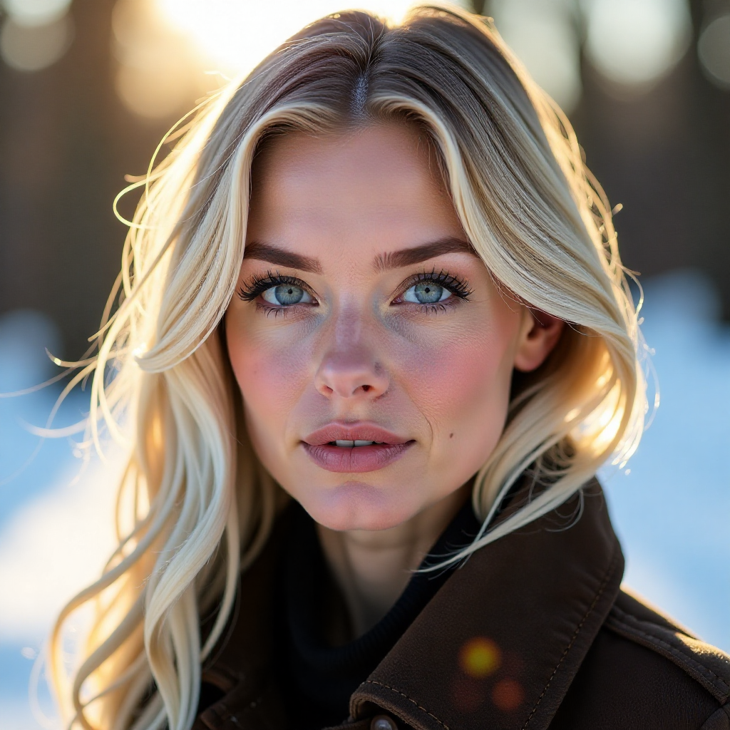 professional photo portrait of a beautiful German woman, natural blonde, blue eyes, outside, winter, snow, sunshine, golden hour, ((dark eyeliner, eye shadow)), [[[lipstick]]]