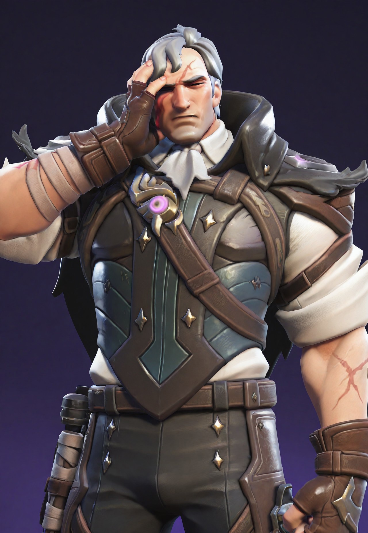 3d, realistic, rim light, soldier: 76 \(survivor: 76\) \(overwatch\), 1boy, mature male, manly, ultra-detailed face, defined face, slightly short grey hair, blue eyes, scar on face, bara), (white ascot, white shirt, vest, cape, brown gloves, fingerless gloves, pant), face palm, hand on face, wince, dark purple background, darkness, very awa, masterpiece, best quality, absurdres, newest, perfect quality, detailed background, intricate details