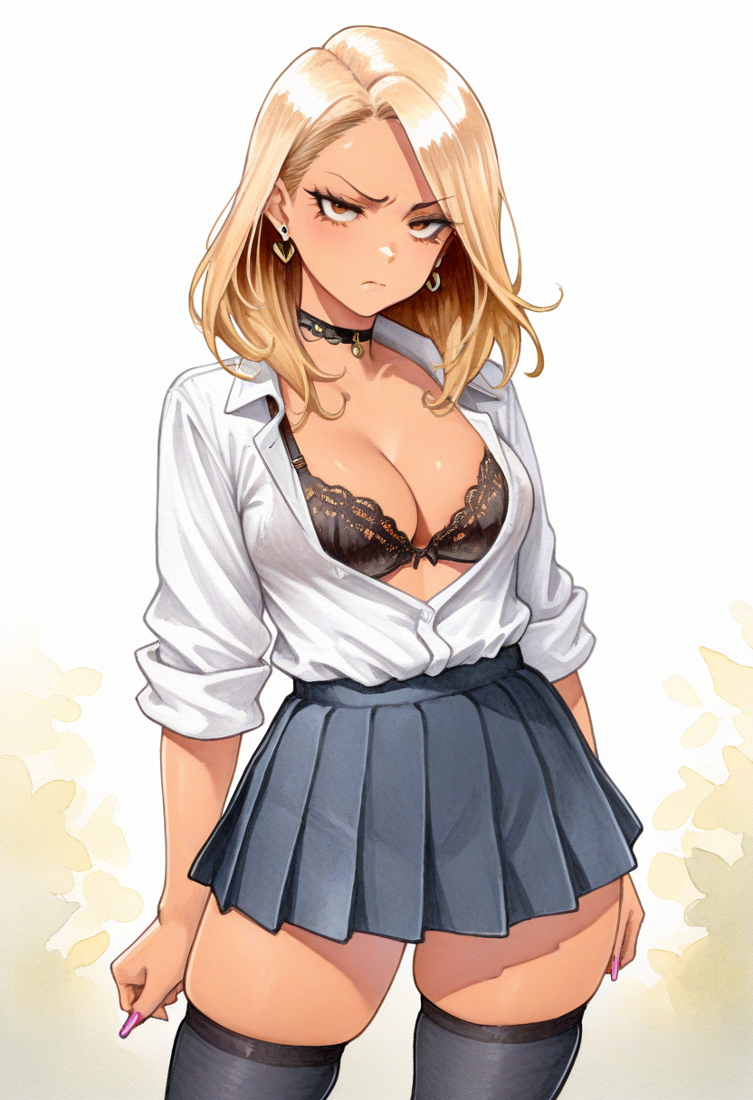 masterpiece, best quality,
 <lora:FiRez:1> F1R3z, watercolor \(medium\),  1girl, solo,standing, looking at viewer, disdain,blonde hair, medium hair, gyaru, medium breasts,school uniform, skindentation, cleavage, skirt, thighhighs, choker, earrings, sleeves rolled up, underwear, bra,