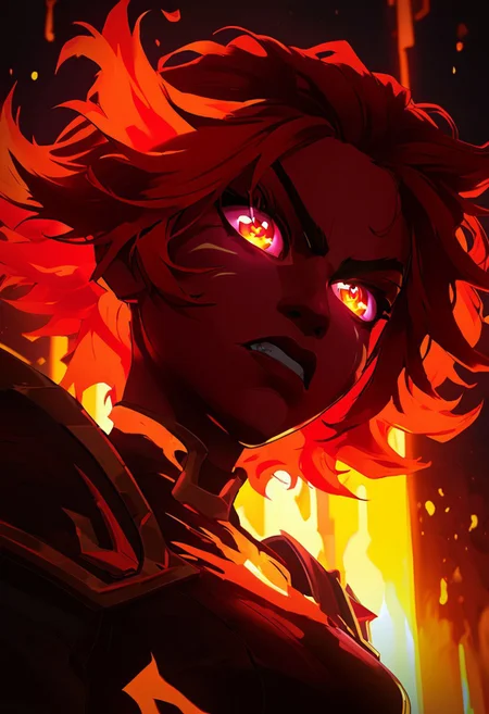 score_9, score_8_up, score_7_up, TKMND, ARKN2, volumetric lighting, portrait, face focus, cel shading, face adorned with ARKN2, NLSTN, glowing, dark, shadows,
BREAK
1girl, short hair, red pupils, fire mage, fiery hair, messy hair, dark red hair, leotard, gold patterns on leotard, angry face, sparkling eyes, arcane energy, lava dripping down face, dripping lava, flames in background, flames accentuates features, low angle, shiny chin, upturned chin,