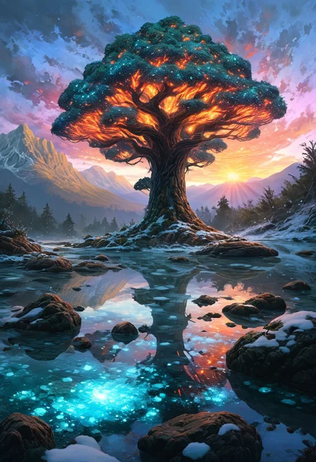 (by Ellen Jewett:1.5), (Fiery Bioluminescent Impressionism, mountain landscape, The Dreamland, Gibson Great Mountains, rock, sky, giant tree, great grand tree on mountains, great magical tree, sunset, sunrise , stream, snow and ice, ethereal landscapes, depth of field, biotech emotion:1.3) <lora:xl_more_art-full_v1:0.5> <lora:add-detail-xl:1> <lora:RMSDXL_Creative:2>