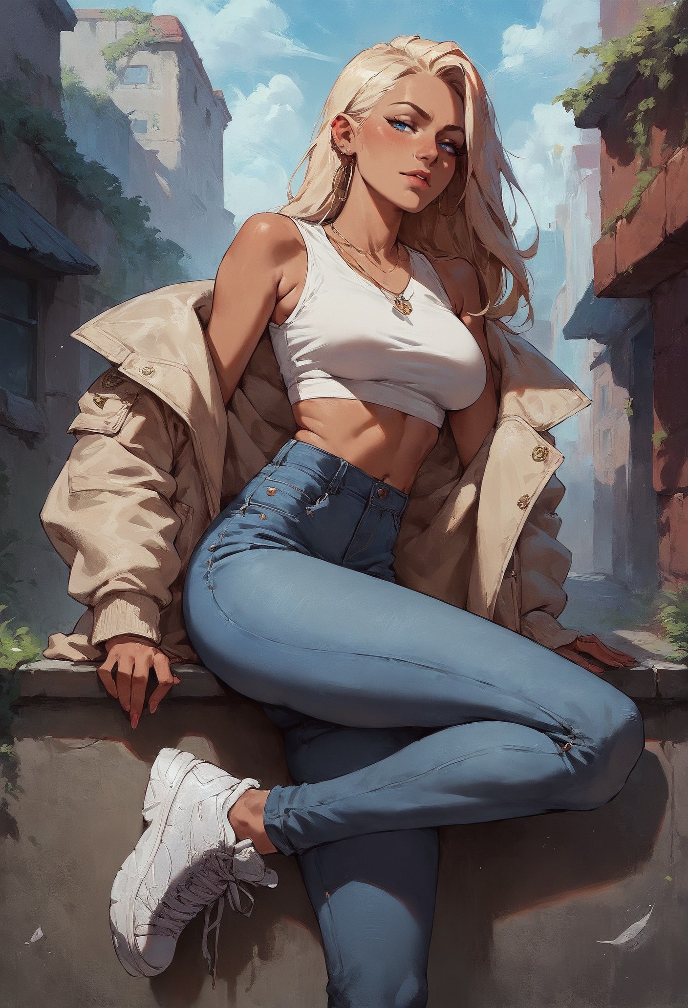 score_9, score_8_up, score_7_up,  rating_explicit, (1girl), skinny blonde, sneakers, high-waist jeans, crop top, tan Jacket  <lora:sdxl/pony_twilight_style:0.8>