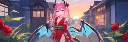 1girl,
fuzichoco, ask \(askzy\),
masterpiece, newest, absurdres, solo.
dragon wings, tail, horns, solo, antlers, pointy ears, japanese clothes, side slit, long hair, two side up, bangs, sky, house, purple eyes, building, hair between eyes, closed mouth, medium breasts, pink hair, plant, slit pupils, standing, sunset, river, looking at viewer, hair ornaments, walking on the street, close-up, animal, blue eyes, blue sky, bracelet, breasts, day, flower, from side, grass, indoors, jewelry, kimono, necklace, night, night sky, outdoors, red flower, red rose, rose