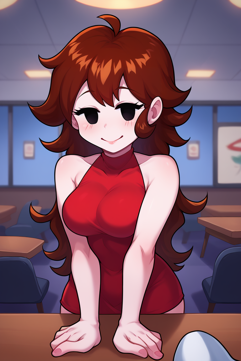 score_9, score_8_up, score_7_up, BREAK,  <lora:adjatha-guy-v1PONY:1>, 1girl, solo,  <lora:GirlfriendXLPDLoCon:0.95> girlfriend \(friday night funkin'\), red dress, sleeveless dress, short dress, bare shoulders, black eyes, pov across table, indoors, restaurant,