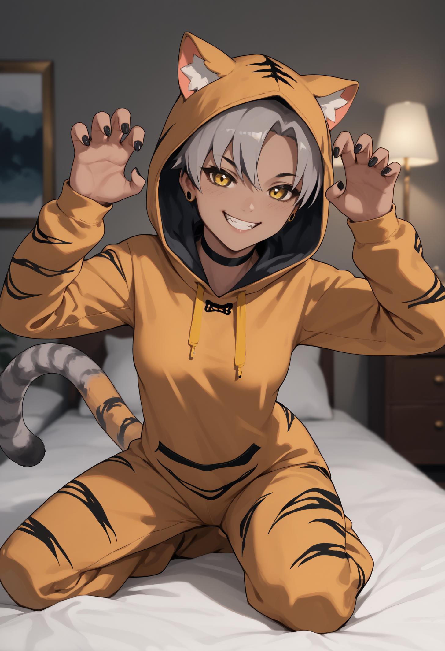 score_9, score_8_up, score_7_up, 1girl, KaraVert, dark-skinned female, dark skin, animal ears, striped tail, grey tail, yellow eyes, grey hair, short hair, stud earrings, medium breasts, toned,
black choker, animal costume, tiger onesie, tiger print, orange onesie, black nails, hood up, animal hood, 
looking at viewer, smile, grin, kneeling, rawr, claw pose,
indoors, bedroom, on bed,
<lora:Kara-VertigrisPDXL_V1-Manityro-CAME:1.0>,